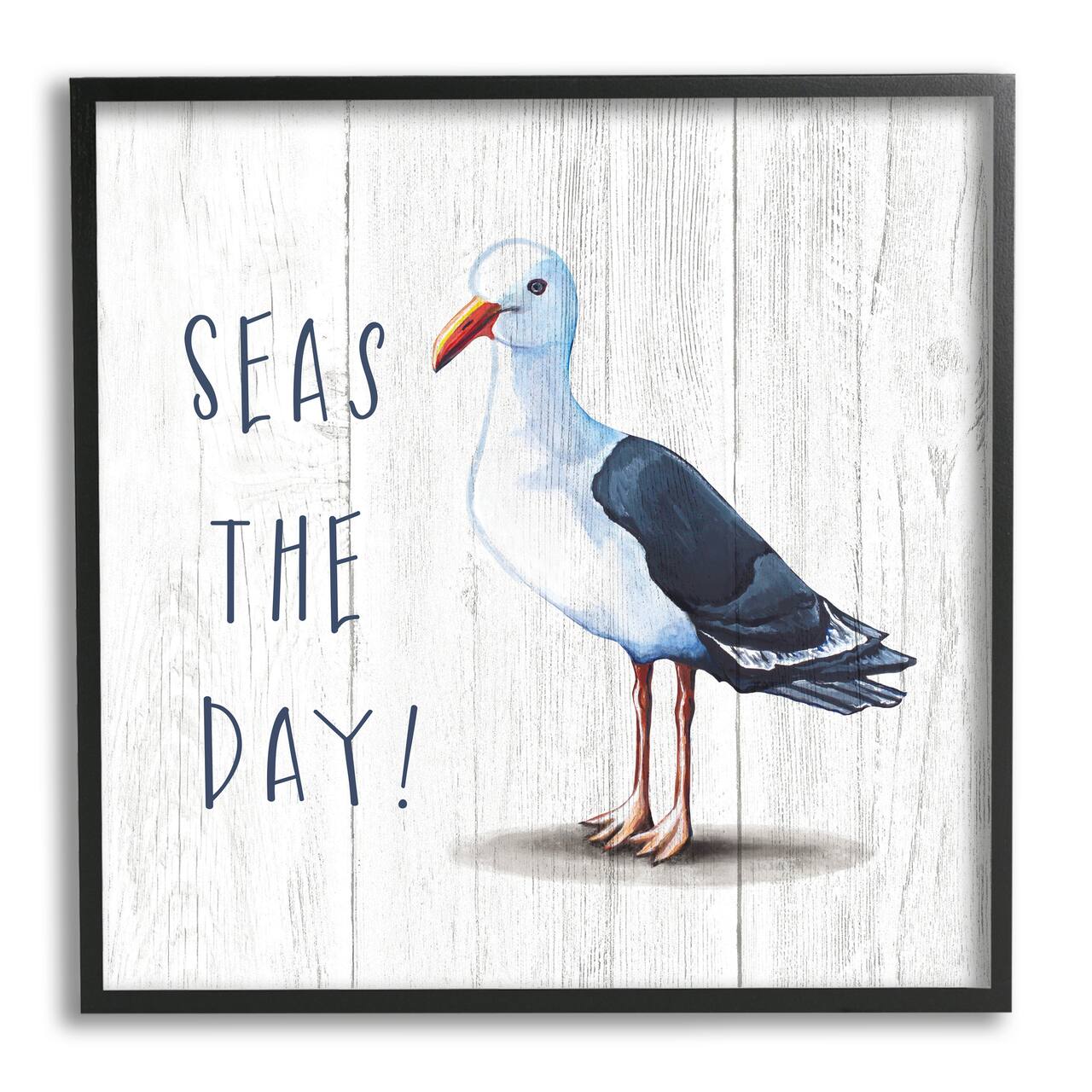Stupell Industries Seas the Day Sentiment Rustic Nautical Seagull Bird in Black Frame Wall Art